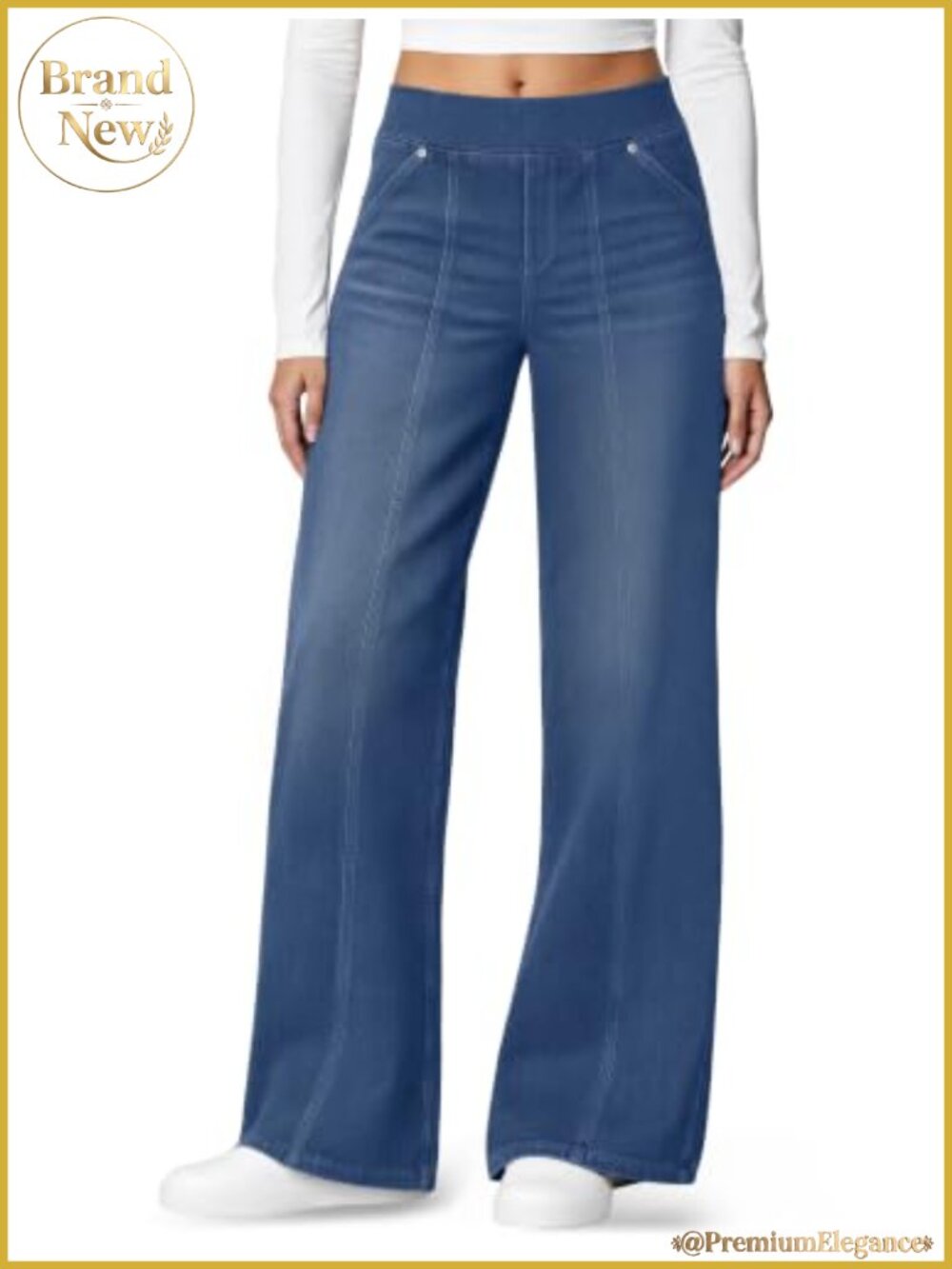 High Waisted Wide Leg Stretch Jeans Pull On Comfort Fit